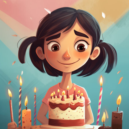 A girl is holding a cake while celebrating a birthday, cartoon illustration. generative aiの素材