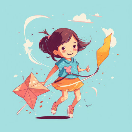 Little girl running flying kite, cartoon illustration. Generative AIの素材