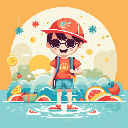 Boy enjoying summer holiday, cartoon illustration. Generative AIの素材