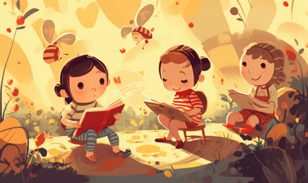 Preschool children reading books. flat illustration in the summertime with bees with Generative AIの素材