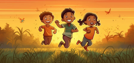Children run around in the field with the sun behind them, cartoon illustration. generative aiの素材