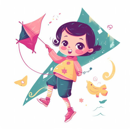 Little girl running flying kite, cartoon illustration. Generative AIの素材