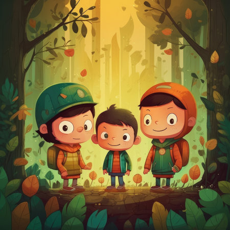 Children walk around in the field with the sun behind them, cartoon illustration. generative aiの素材