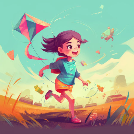 Little girl running flying kite, cartoon illustration. Generative AIの素材
