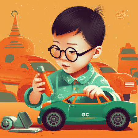 Boy playing with toy car, cartoon illustration. generative aiの素材