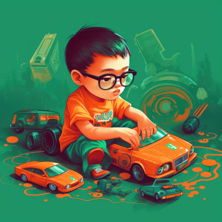 Boy playing with toy car, cartoon illustration. generative aiの素材