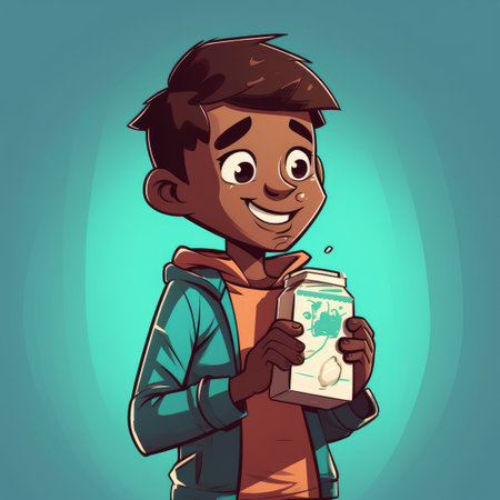 Young boy drinking milk, cartoon illustration. generative aiの素材