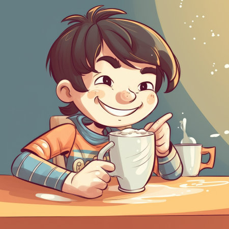Young boy drinking milk, cartoon illustration. generative aiの素材