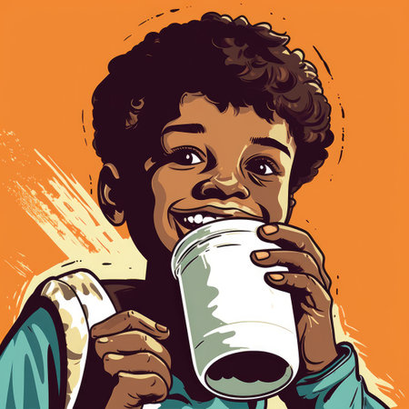 Young boy drinking milk, cartoon illustration. generative aiの素材