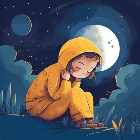 Girl sleeping among the blue sky, bright moon and stars, cartoon. generative aiの素材