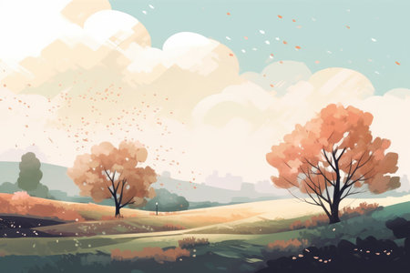 A serene mountain and hills landscape depicted in a minimalist illustration. Soft and muted colors with Generative AIの素材