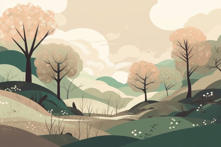 A serene mountain and hills landscape depicted in a minimalist illustration. Soft and muted colors with Generative AIの素材