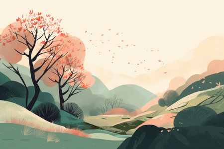 A serene mountain and hills landscape depicted in a minimalist illustration. Soft and muted colors with Generative AIの素材