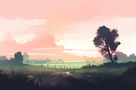 A serene mountain and hills landscape depicted in a minimalist illustration. Soft and muted colors with Generative AIの素材