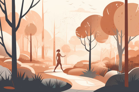 Landscape of running woman and tree depicted in a minimalist illustration. Soft and muted colors with Generative AIの素材