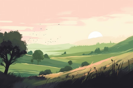 A serene mountain and hills landscape depicted in a minimalist illustration. Soft and muted colors with Generative AIの素材