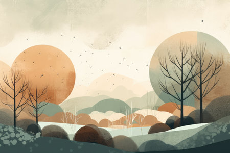 A serene mountain and hills landscape depicted in a minimalist illustration. Soft and muted colors with Generative AIの素材
