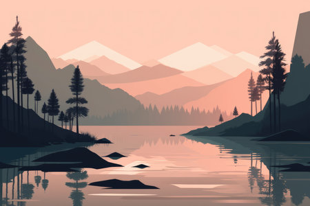 A serene mountain lake landscape depicted in a minimalist illustration. Soft and muted colors with Generative AIの素材