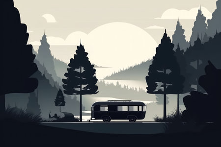 Caravan and forest landscape in a minimalist illustration. Soft and muted colors with Generative AIの素材