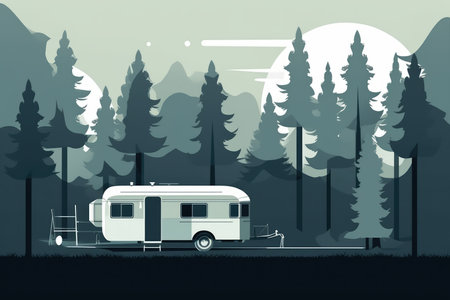 Caravan and forest landscape in a minimalist illustration. Soft and muted colors with Generative AIの素材