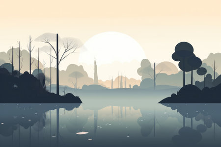 A serene mountain lake landscape depicted in a minimalist illustration. Soft and muted colors with Generative AIの素材