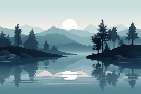 A serene mountain lake landscape depicted in a minimalist illustration. Soft and muted colors with Generative AIの素材