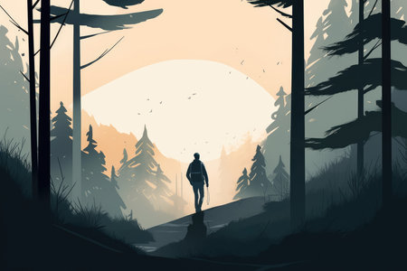 Mountaineer hiking and forest landscape in a minimalist illustration. Soft and muted colors with Generative AIの素材