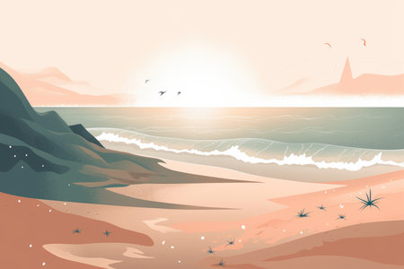 A serene seascape depicted in a minimalist illustration. Soft and muted colors with Generative AIの素材