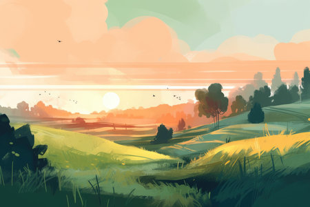 A serene mountain and hills landscape depicted in a minimalist illustration. Soft and muted colors with Generative AIの素材