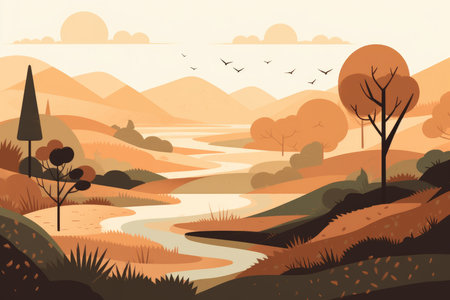 A serene mountain and hills landscape depicted in a minimalist illustration. Soft and muted colors with Generative AIの素材