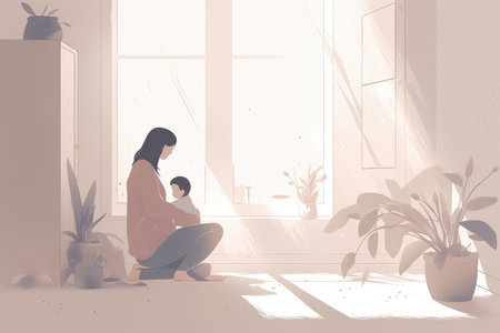 Minimalist Mother's Day illustration that depicts a mother and child in a peaceful indoor setting. Soft, muted tones with Generative AIの素材