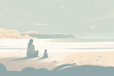 Mother's Day illustration with a minimalist style that showcases a mother and child enjoying a peaceful day at the beach. Soft, muted tones with Generative AIの素材