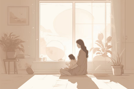 Minimalist Mother's Day illustration that depicts a mother and child in a peaceful indoor setting. Soft, muted tones with Generative AIの素材