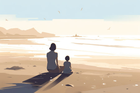 Mother's Day illustration with a minimalist style that showcases a mother and child enjoying a peaceful day at the beach. Soft, muted tones with Generative AIの素材