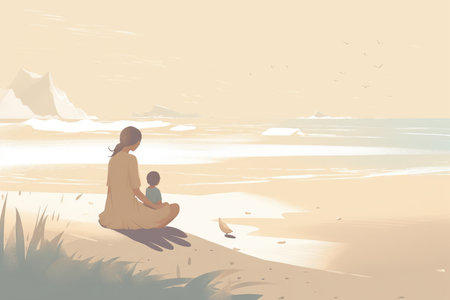 Mother's Day illustration with a minimalist style that showcases a mother and child enjoying a peaceful day at the beach. Soft, muted tones with Generative AIの素材