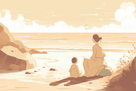 Mother's Day illustration with a minimalist style that showcases a mother and child enjoying a peaceful day at the beach. Soft, muted tones with Generative AIの素材