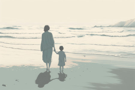 Mother's Day illustration with a minimalist style that showcases a mother and child enjoying a peaceful day at the beach. Soft, muted tones with Generative AIの素材