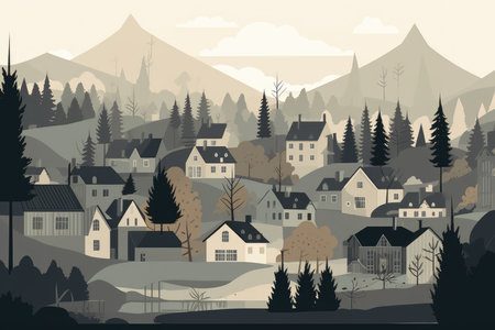 Serene and minimalist illustration of a rustic mountain cabin nestled in a tranquil valley, cool muted tones with Generative AIの素材