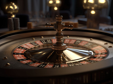Roulette wheel, in the middle of the table on the casino table with Generative AIの素材