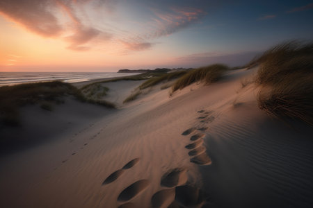 Beach and sand landscape photo on a slightly foggy summer morning with Generative AIの素材