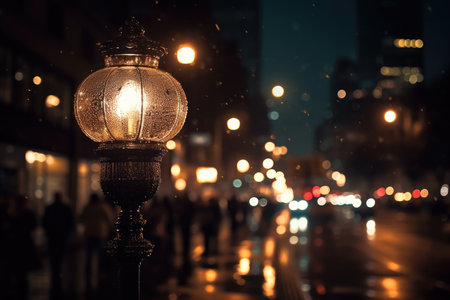 Background scene with a street lamp and bokeh effect in the city center at night with Generative AIの素材