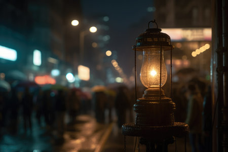 Background scene with a street lamp and bokeh effect in the city center at night with Generative AIの素材