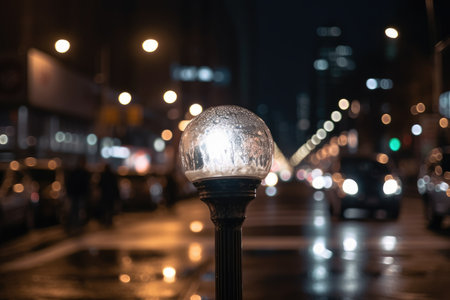 Background scene with a street lamp and bokeh effect in the city center at night with Generative AIの素材