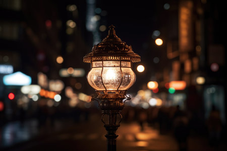 Background scene with a street lamp and bokeh effect in the city center at night with Generative AIの素材