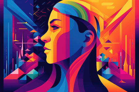 Abstract and retro futuristic robot woman illustration with multiple color laser neon effect with Generative AIの素材