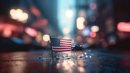 The american flag is flying in the city bokeh effect background with Generative AIの素材