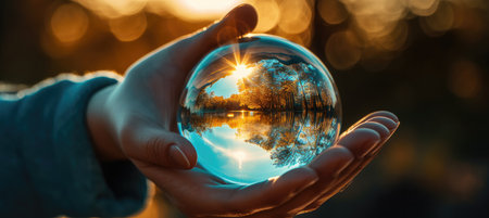 Earth globe in hands on the background of bright sun with Generative AIの素材