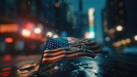 The american flag is flying in the city bokeh effect background with Generative AIの素材