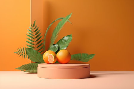 3d render of empty orange empty podium with summer concept for product display, empty space background. with Generative AIの素材