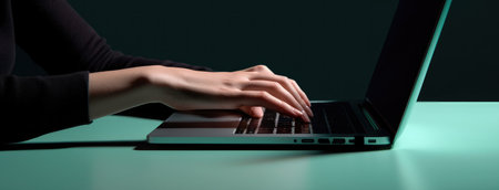 Hands of a person using a keyboard on a laptop. Dark aquamarine and gray color concept with Generative AIの素材